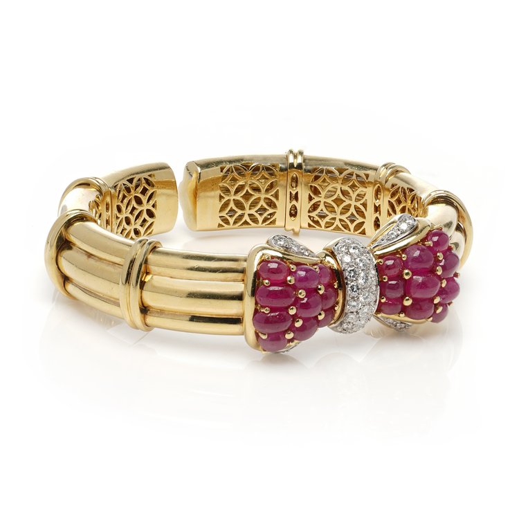 Italian 18ct Yellow Gold Bangle with 8.40ct Natural Burma Ruby and Diamond Bow