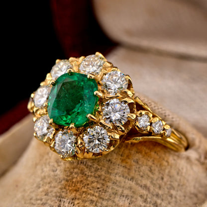 Vintage 1.30ct Cushion Cut Colombian Emerald and 1.60ct Diamond Cluster Engagement Ring in 18ct Yellow Gold