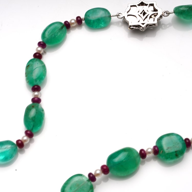 Art Deco Cabochon Emerald, Rubellite and Seed Pearl Beaded Necklace