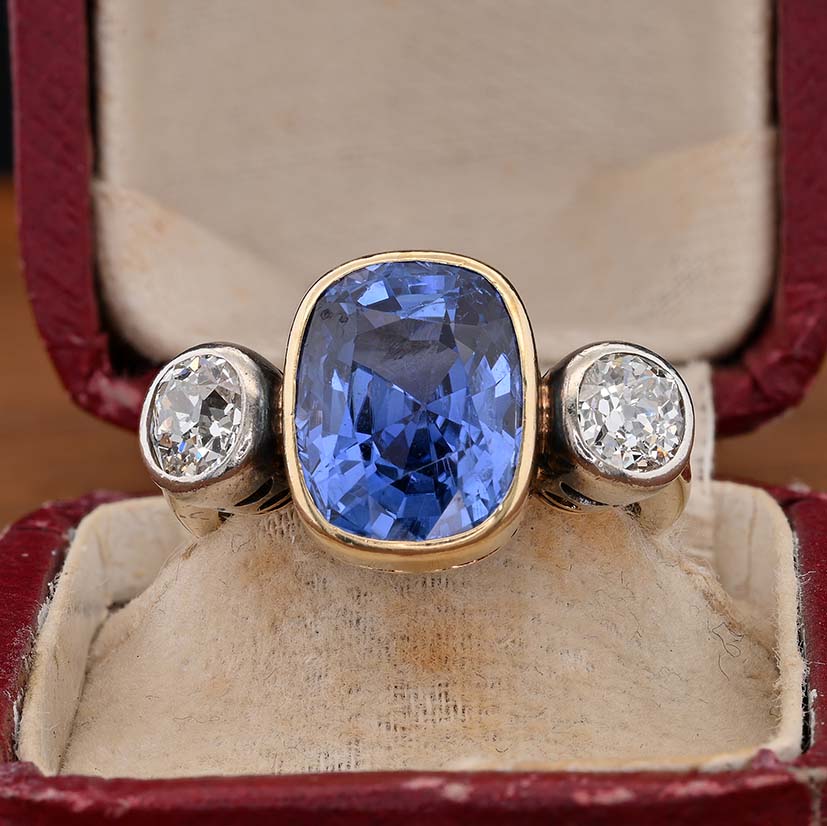 Victorian Antique 10ct No Heat Ceylon Sapphire and Diamond Trilogy Ring