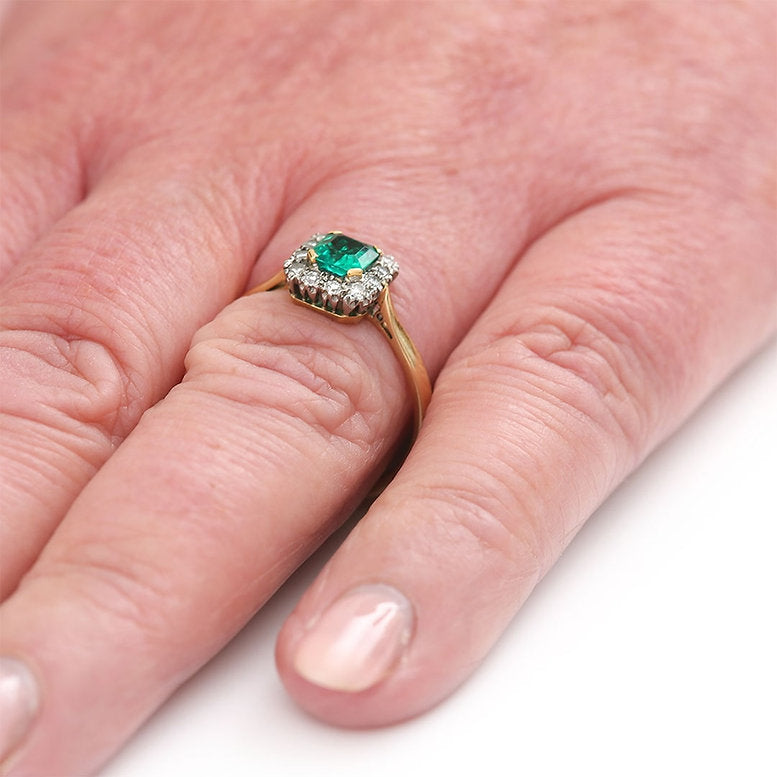 Vintage Octagonal Emerald and Diamond Cluster Ring