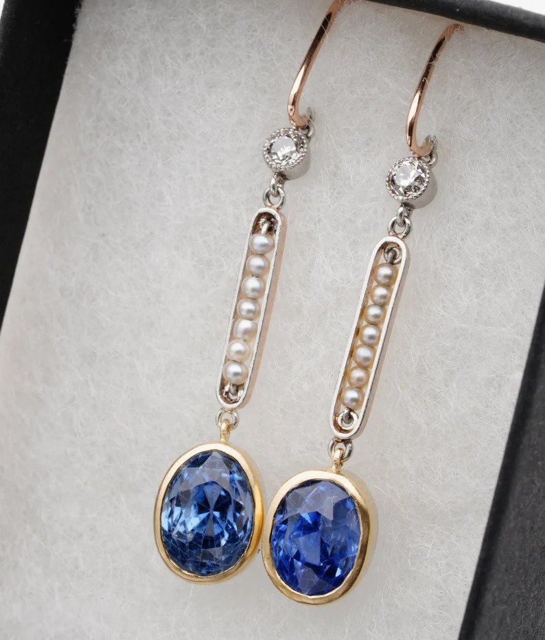 Antique Edwardian Natural 5.29ct Ceylon Sapphire Diamond Pearl Drop Earrings, Certified No Heat