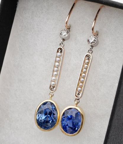 Antique Edwardian Natural 5.29ct Ceylon Sapphire Diamond Pearl Drop Earrings, Certified No Heat
