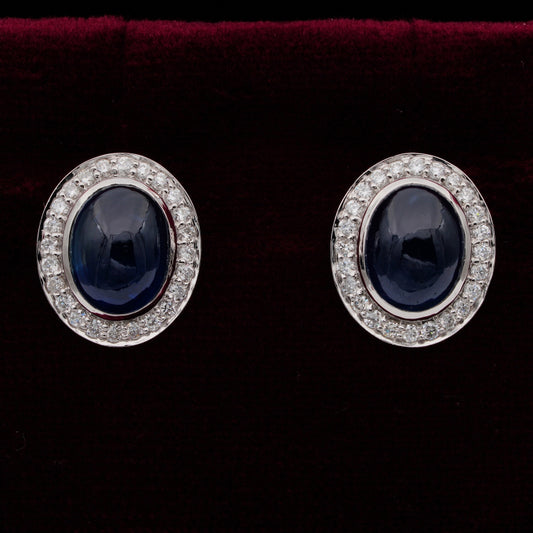 Vintage 6.50ct Natural No Heat Cabochon Sapphire and Diamond Cluster Earrings in Platinum