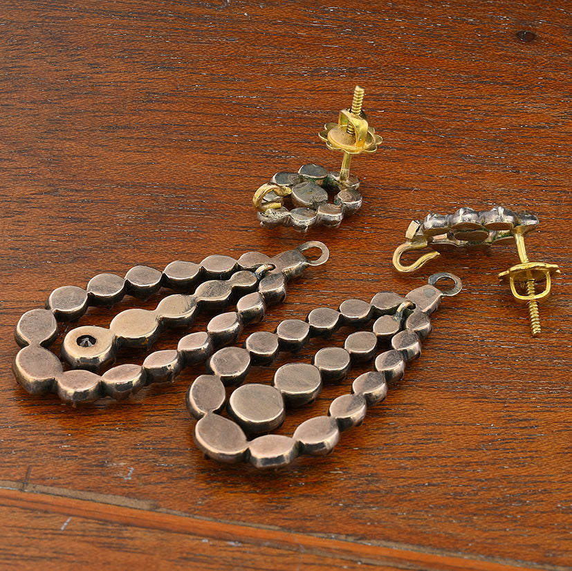 Georgian Antique 7.40ct Old Mine Cut and Table Cut Diamond Day and Night Drop Earrings