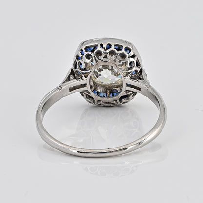 Vintage 2.10ct Old Mine Cut Diamond and Sapphire Target Cluster Engagement Ring in Platinum