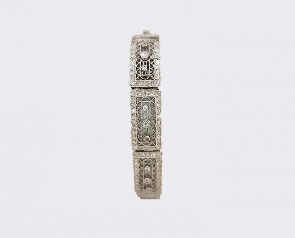 Art Deco Diamond and Platinum Filigree Panel Bracelet
