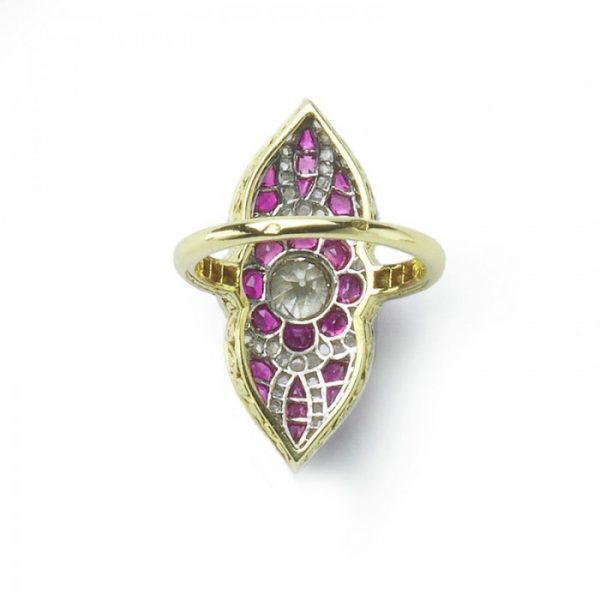 Belle Epoque Style Ruby and Diamond Cluster Plaque Ring