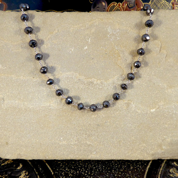 Vintage 100ct Briolette Black Diamond Bead Long Necklace with White Diamond Clasp, Circa 1970