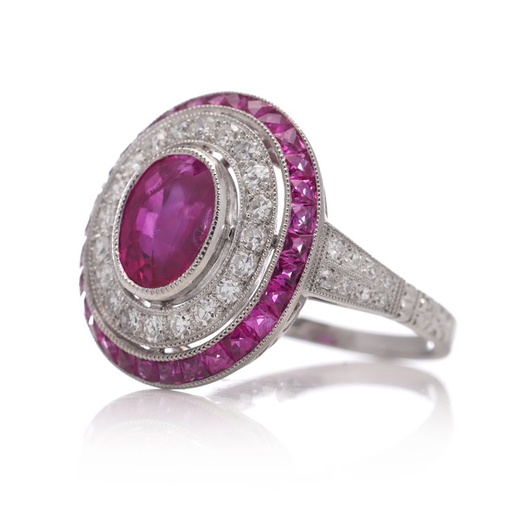 1.66ct Oval Ruby and Diamond Double Cluster Dress Ring in Platinum