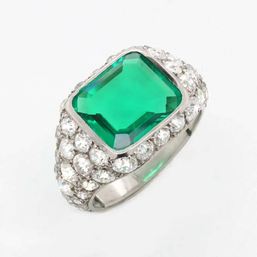 Art Deco Certified 2.85ct Natural No Oil Colombian Emerald and Old Cut Diamond Dress Ring