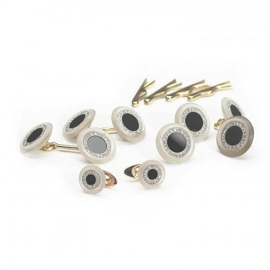 Art Deco French Black Onyx Diamond and Rock Crystal Cufflinks Dress Set by Georges Thibault