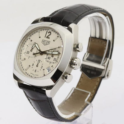 Tag Heuer Monza Re Edition 38mm Stainless Steel Automatic Chronograph Watch with White Dial, on a Tag Heuer black crocodile strap with push-button deployment buckle, Circa 1990s