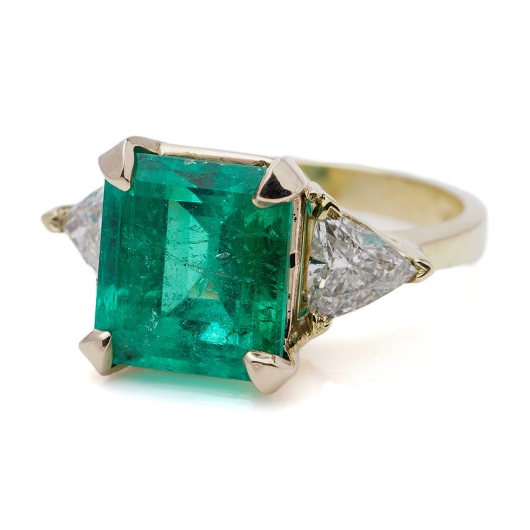 GIA Certified 6.15ct Natural Colombian Emerald and Trillion Diamond Ring