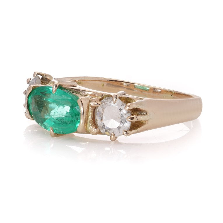 1ct Colombian Emerald and Old Cut Diamond Three Stone Engagement Ring in 18ct yellow gold