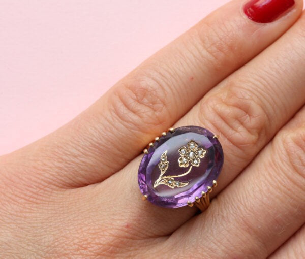 Antique Edwardian Oval Amethyst and Rose Cut Diamond Flower Ring