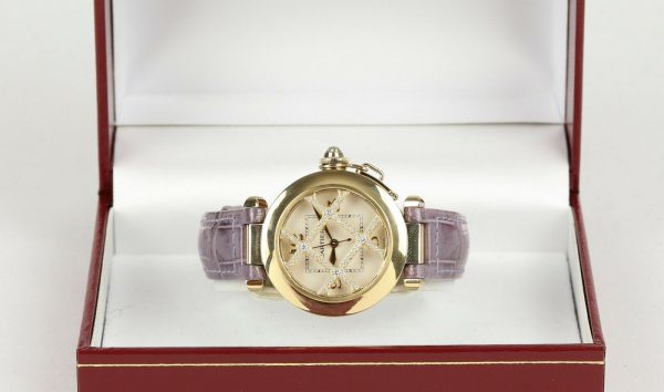 Cartier Pasha de Cartier 18ct Yellow Gold 2399 Ladies Automatic 32mm Wrist Watch With Removable Diamond Grill, white textured dial, Arabic numerals at 12, 3, 6 and 9 o'clock, sapphire crystal glass and a pavé set diamond crown cap. On a Cartier purple leather strap, with a Cartier 18ct yellow gold pin buckle.