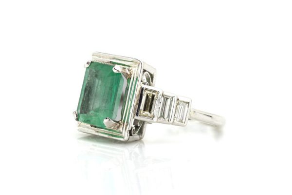 4.20ct Natural Colombian Emerald and Baguette Diamond Ring, Certified
