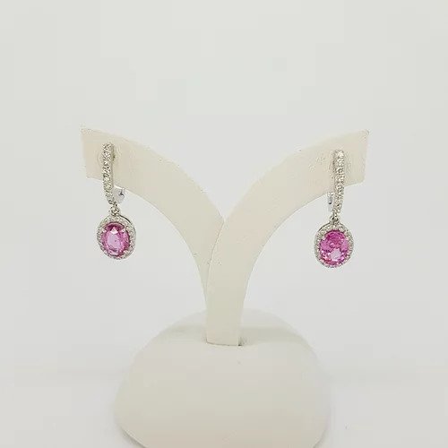 Pink Sapphire and Diamond Oval Cluster Drop Earrings, 2.01 carats