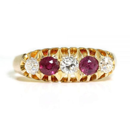Antique Burma Ruby and Old Cut Diamond Five Stone Ring