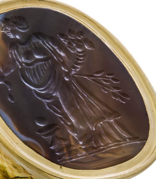Antique 18th-19thC Hardstone Cameo Ring Depicting Goddess Ceres; with a cornucopia and ears of wheat, in a later 18ct yellow gold ring mount