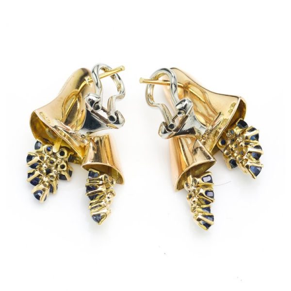 Vintage Mellerio 1940s Gold Bell Earrings with Sapphires
