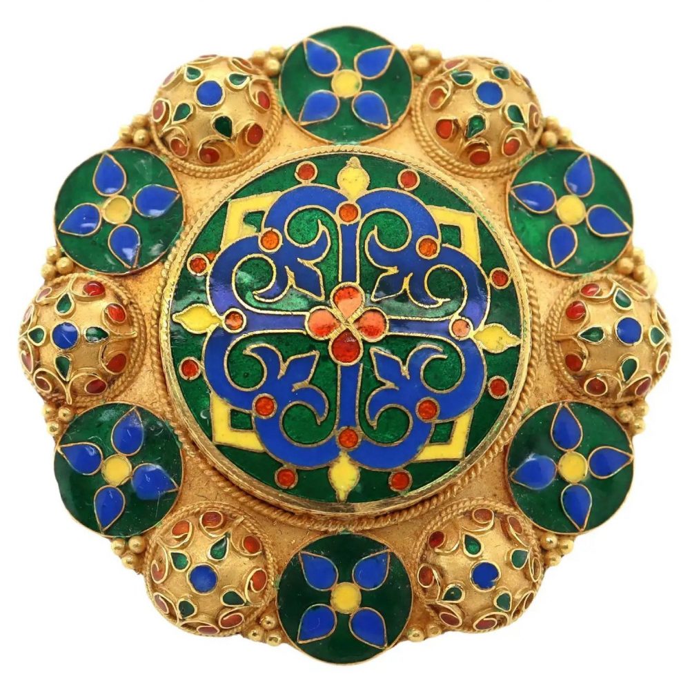 Vintage Lalaounis Enamel and Gold Cross Mandala Brooch