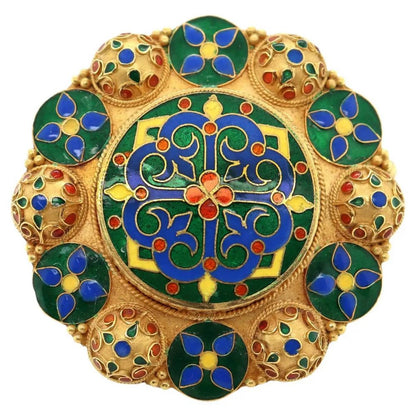 Vintage Lalaounis Enamel and Gold Cross Mandala Brooch