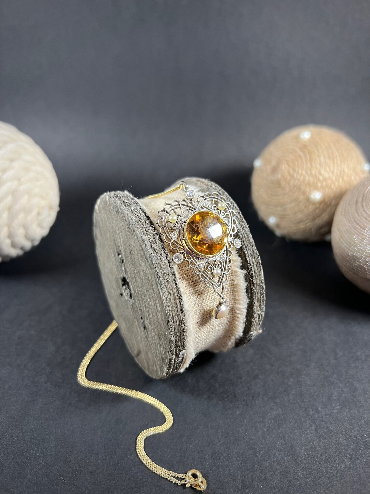 Edwardian 18 Carat Gold, Platinum, Citrine, Pearl and Diamond Pendant Necklace