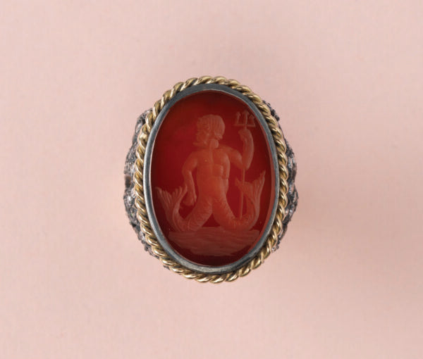 Vintage Tiffany and Co Diamond Set Intaglio Ring of Triton; with twisted gold wire border and diamond set pierced mount, 1950-60s, Signed