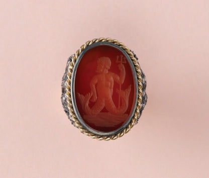 Vintage Tiffany and Co Diamond Set Intaglio Ring of Triton; with twisted gold wire border and diamond set pierced mount, 1950-60s, Signed