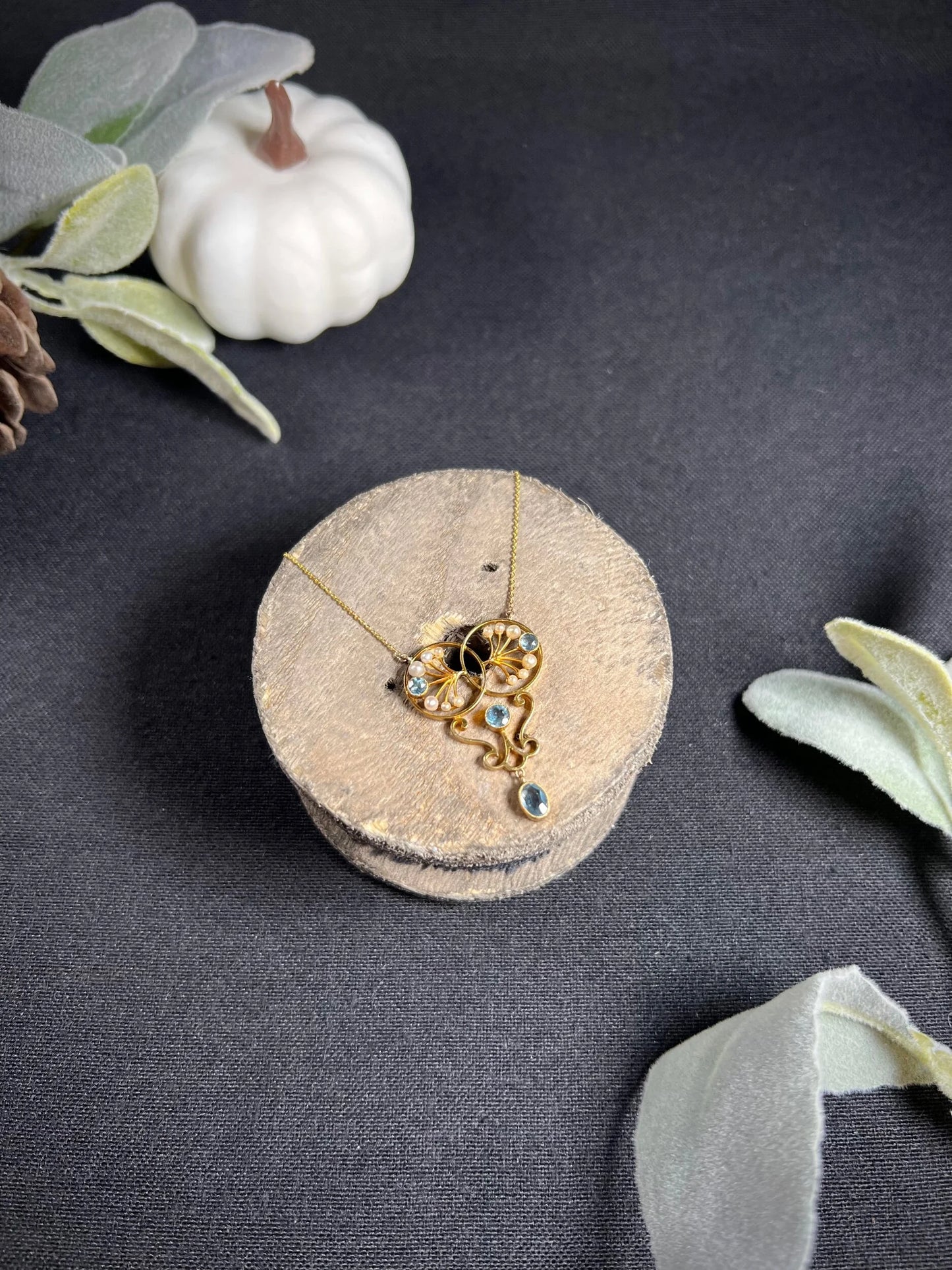 Antique 15 ct Gold Edwardian Aquamarine And Seed Pearl Pendant Necklace