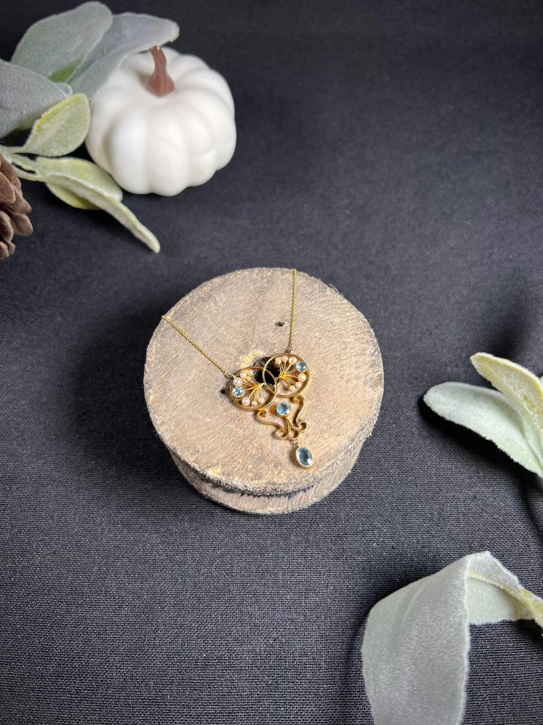 Antique 15 ct Gold Edwardian Aquamarine And Seed Pearl Pendant Necklace