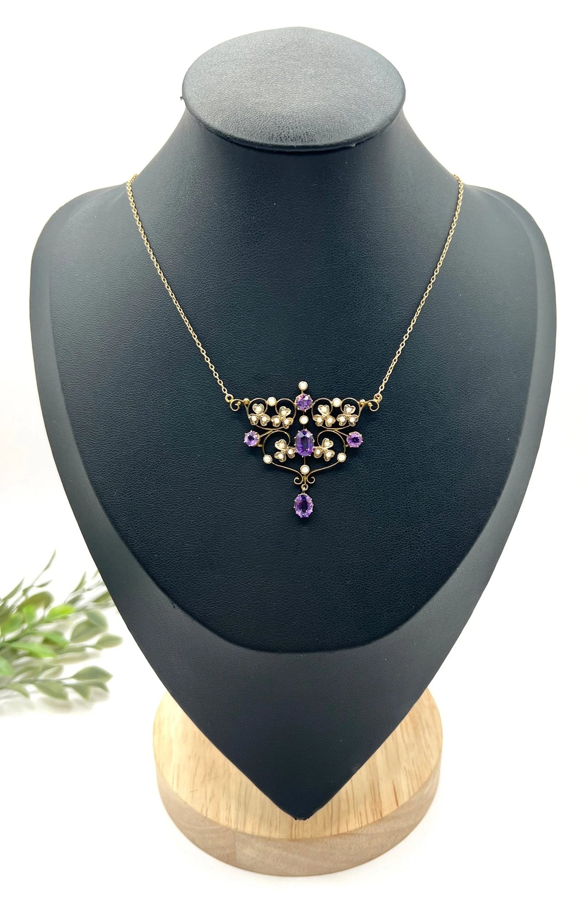 Antique 9 Carat Rose Gold Amethyst and Seed Pearl Pendant Necklace