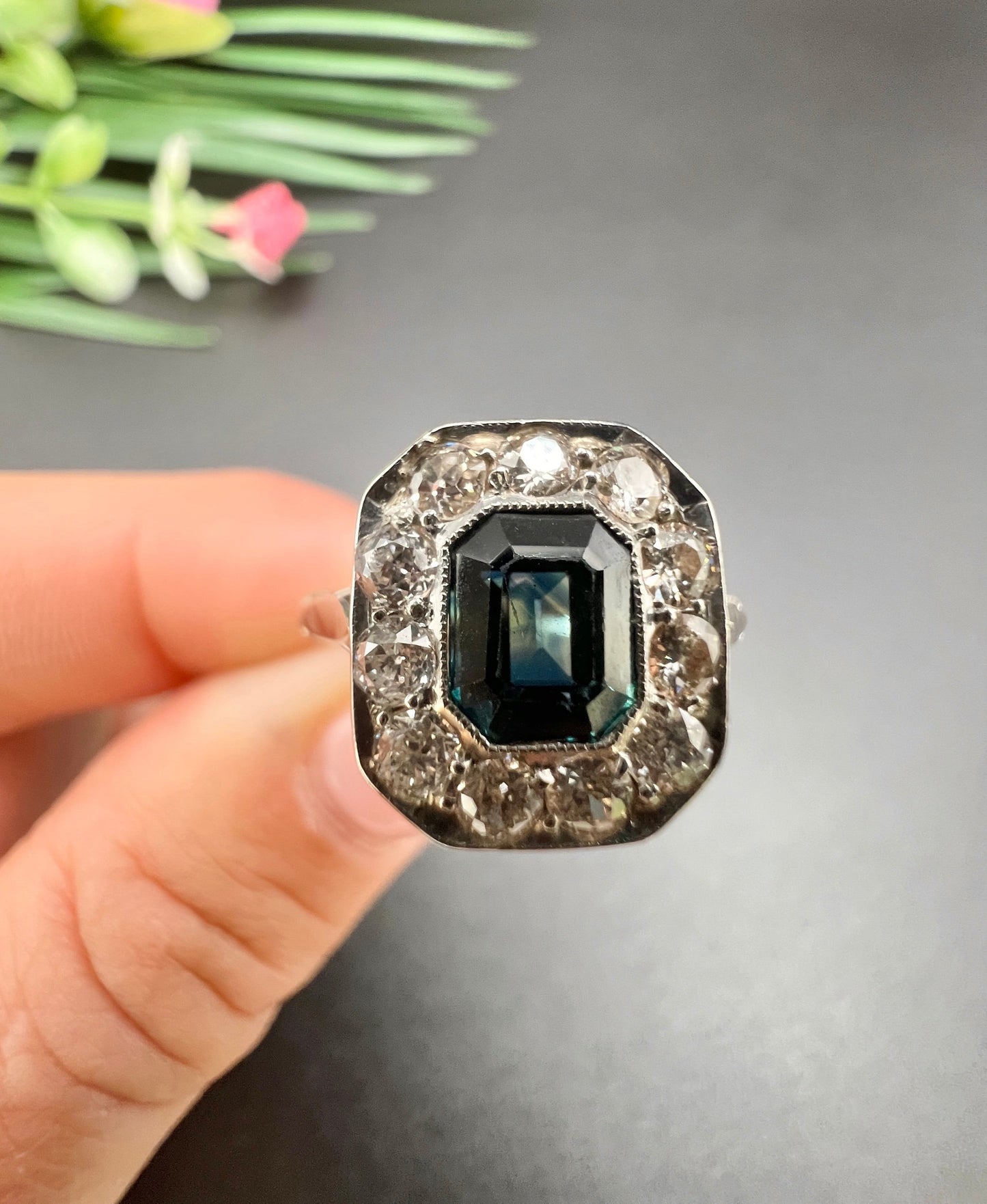 Art Deco Sapphire and Diamond Octagonal Shaped Cluster Engagement Ring 18ct gold and Platinum