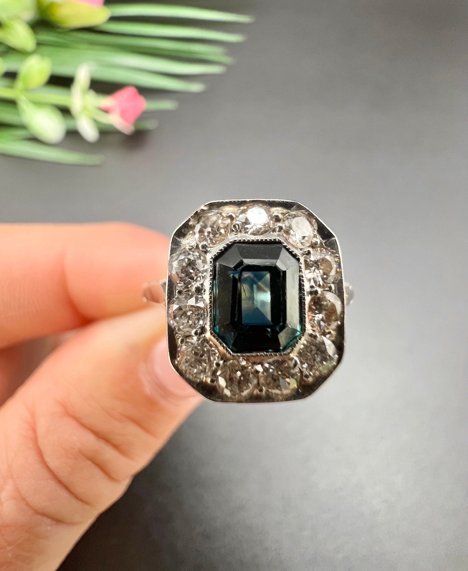Art Deco Sapphire and Diamond Octagonal Shaped Cluster Engagement Ring 18ct gold and Platinum