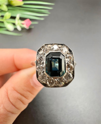 Art Deco Sapphire and Diamond Octagonal Shaped Cluster Engagement Ring 18ct gold and Platinum