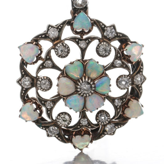 Antique Edwardian Opal Hearts and Old Cut Diamond Pendant