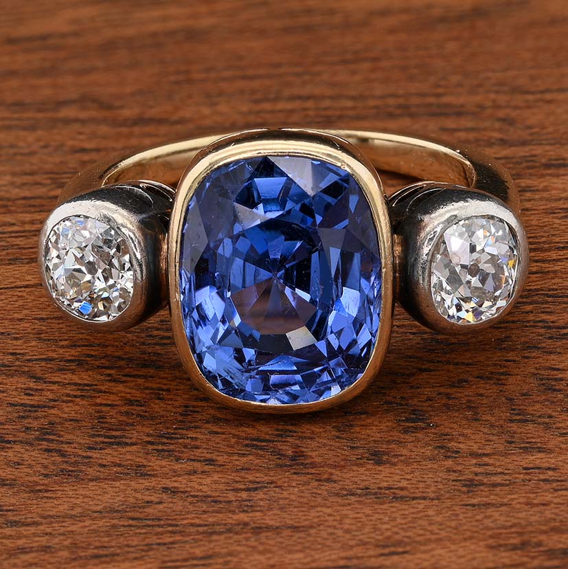 Victorian Antique 10ct No Heat Ceylon Sapphire and Diamond Trilogy Ring