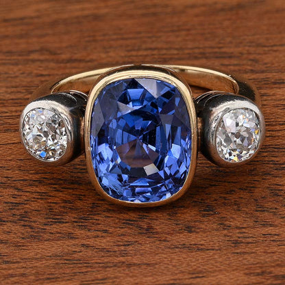 Victorian Antique 10ct No Heat Ceylon Sapphire and Diamond Trilogy Ring