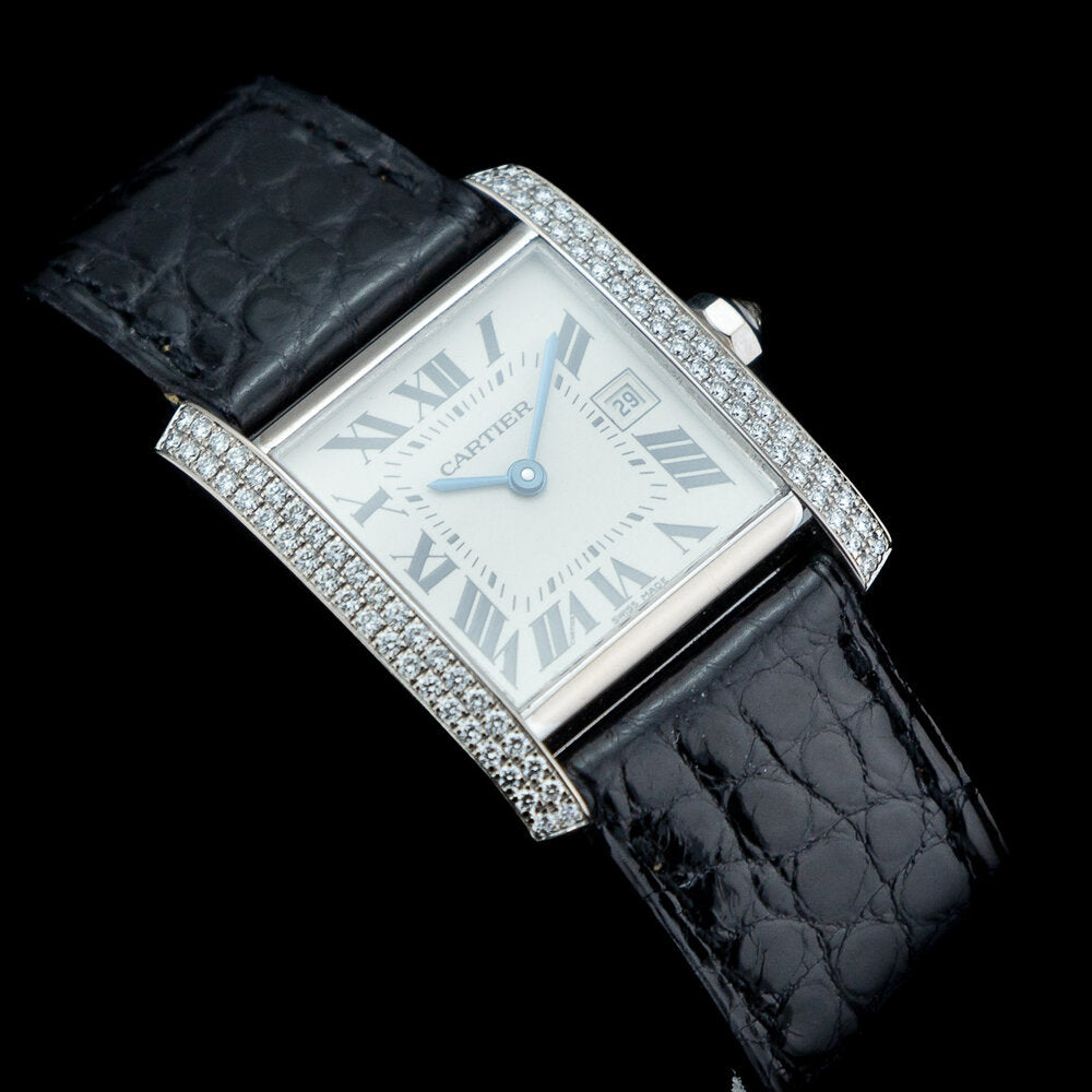 Vintage Cartier Tank Francaise 2404 18ct White Gold Factory Diamond Medium Model Watch with Box and Papers 2005