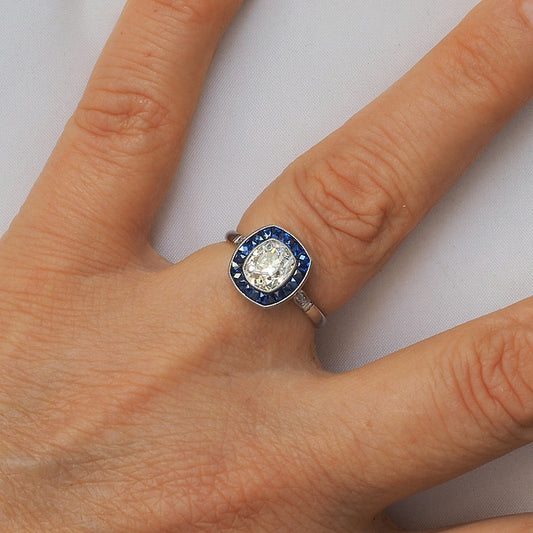 Vintage 2.10ct Old Mine Cut Diamond and Sapphire Target Cluster Engagement Ring in Platinum