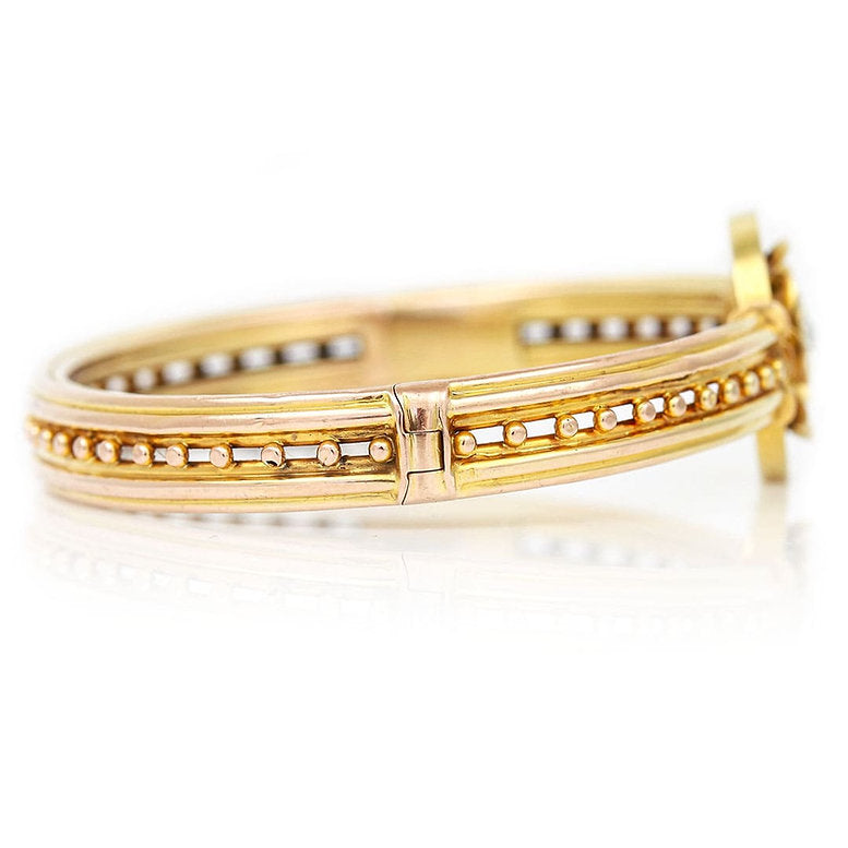 Antique Victorian Old Mine Cut Diamond Set 15ct Gold Etruscan Revival Beaded Bangle Bracelet