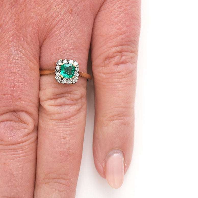 Vintage Octagonal Emerald and Diamond Cluster Ring