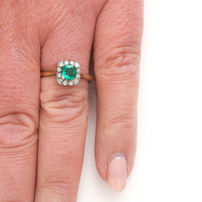 Vintage Octagonal Emerald and Diamond Cluster Ring
