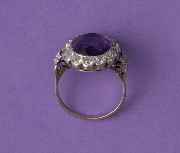 Art Deco Amethyst and Old-Cut Diamond Oval Cluster Ring, pierced white gold mount