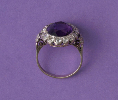 Art Deco Amethyst and Old-Cut Diamond Oval Cluster Ring, pierced white gold mount