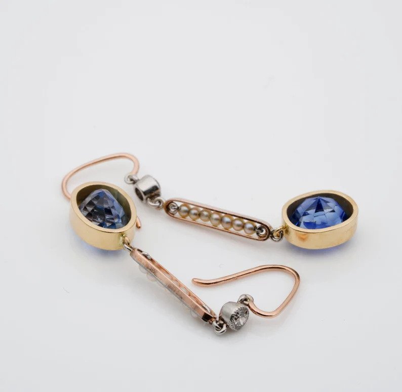 Antique Edwardian 5.29ct Ceylon Sapphire Pearl Diamond Drop Earrings