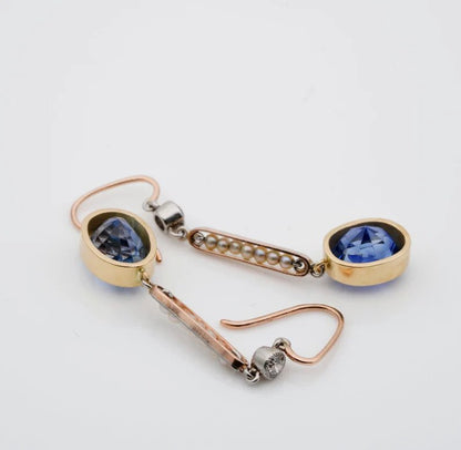 Antique Edwardian 5.29ct Ceylon Sapphire Pearl Diamond Drop Earrings
