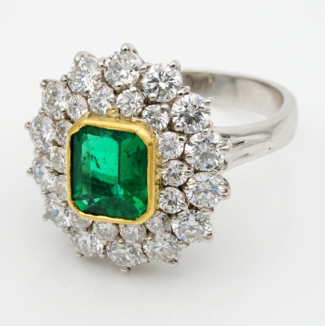 Vintage 2ct Emerald and Diamond Cluster Dress Ring